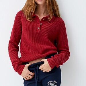 Red burgundy rib knit polo collar chunky sweater NWT